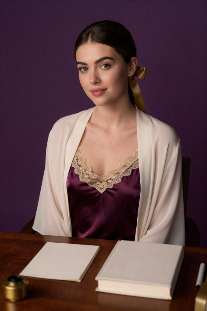 BioLinkGenius fictional muse, 27, in a plum silk slip at the desk with the closed biography and brass inkwell